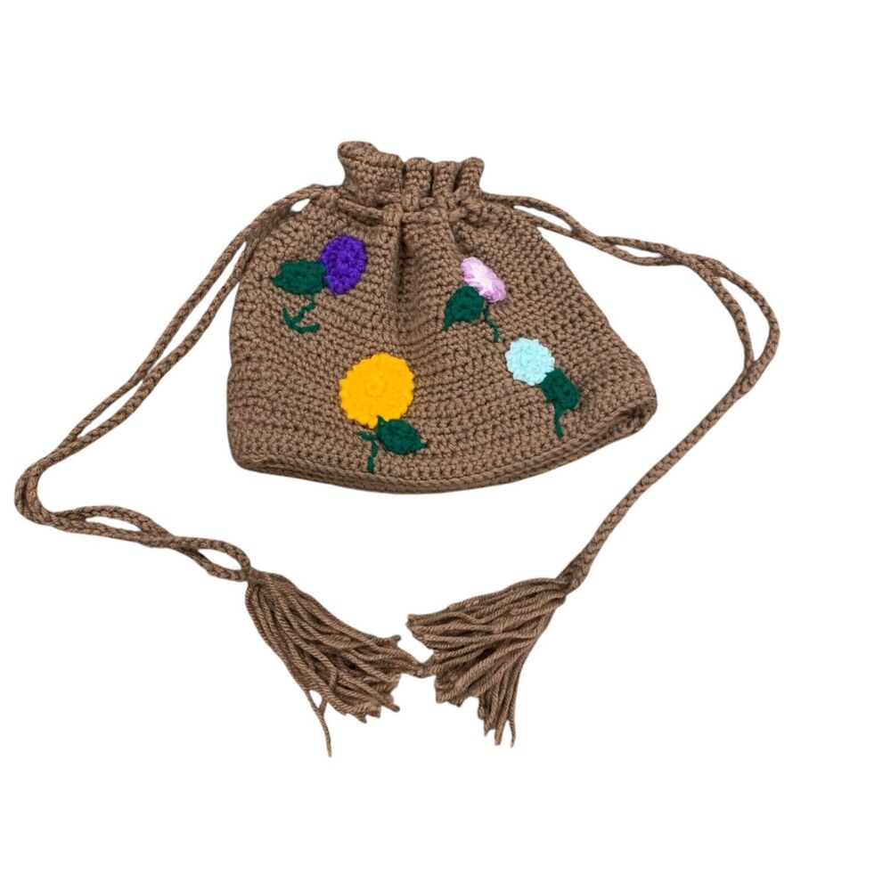 Handmade Crochet Floral Embroidered Bucket Bag With Tassles Boho Cottagecore